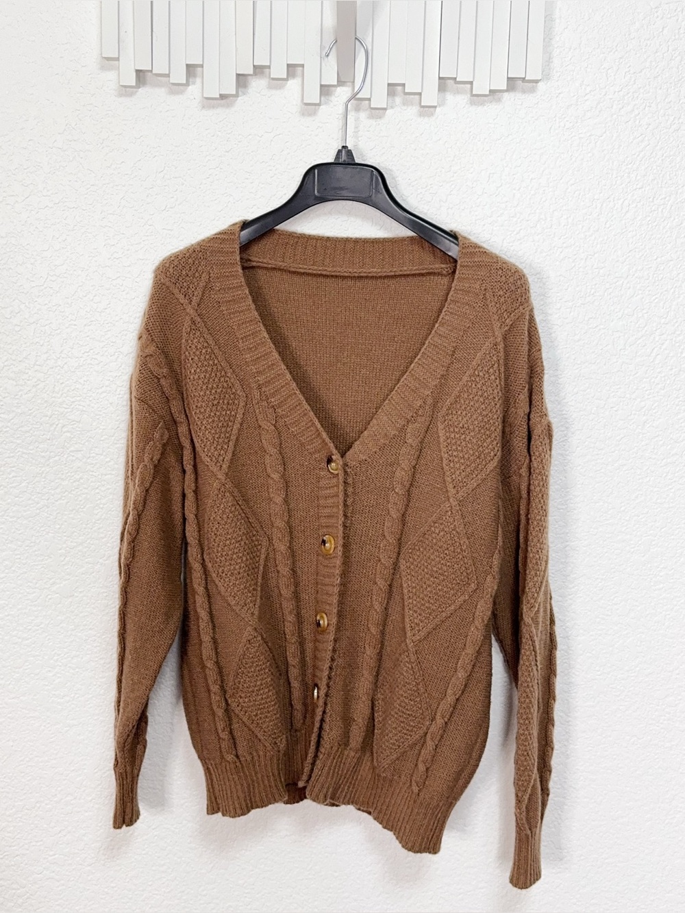 Camel Brown Cable Knit Button Front V Neck Oversized Cardigan Sweater